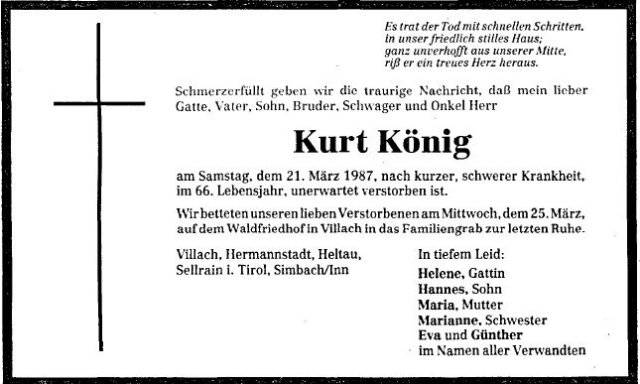 Koenig Kurt 1921-1987 Todesanzeige